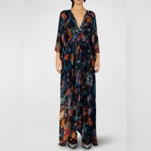 ♥️ Farm Rio Sunset Tapestry Black Asymmetric-Hem Kaftan  Maxi Dress
